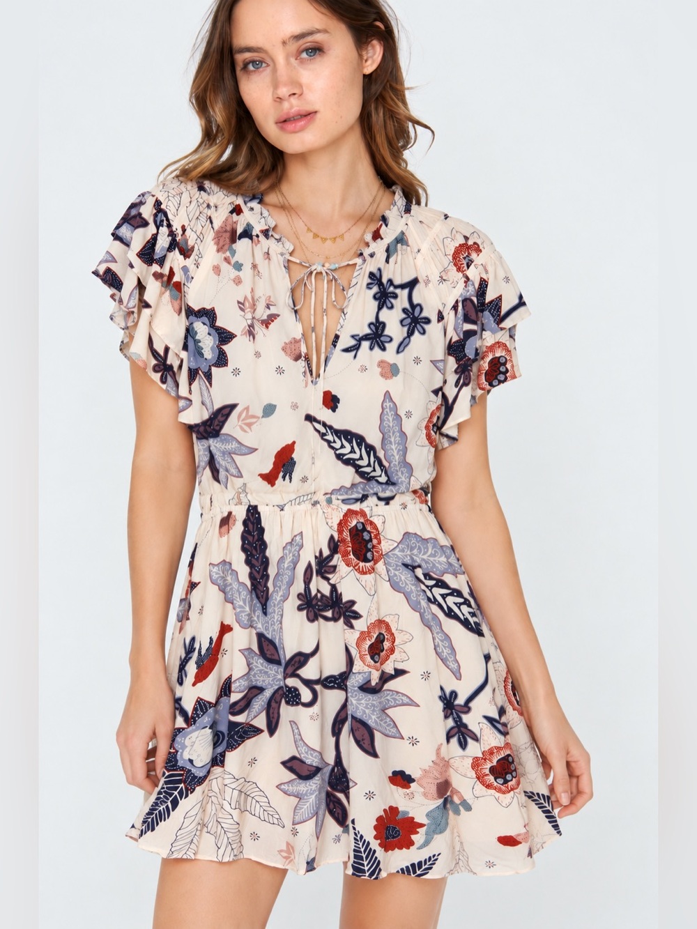 Caballero XS Floral Botanical Ruffle Flutter Sleeve Mini Dress Ivory Kelsie